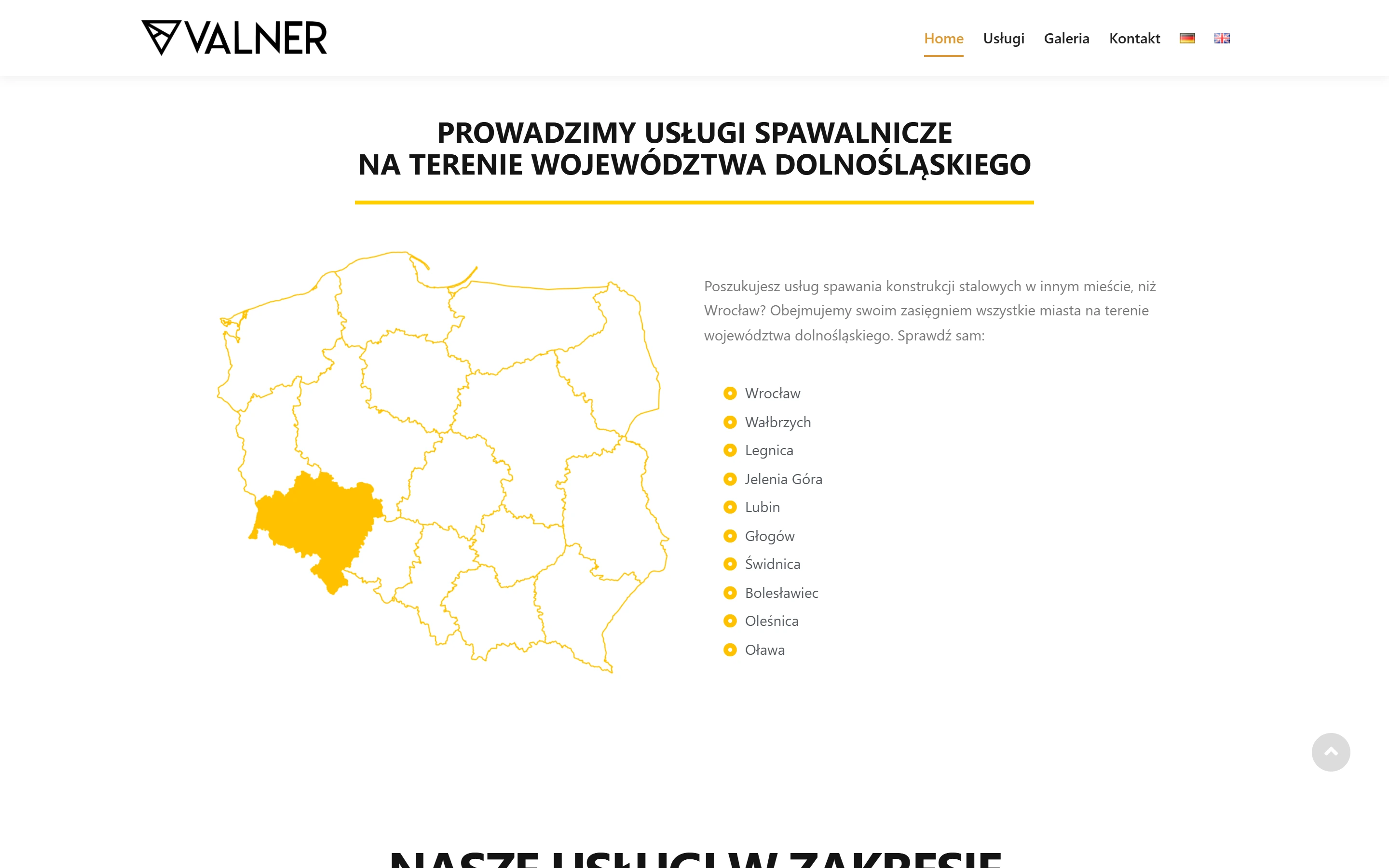 Sekcja strony Valner z mapą województwa dolnośląskiego i listą obsługiwanych miast